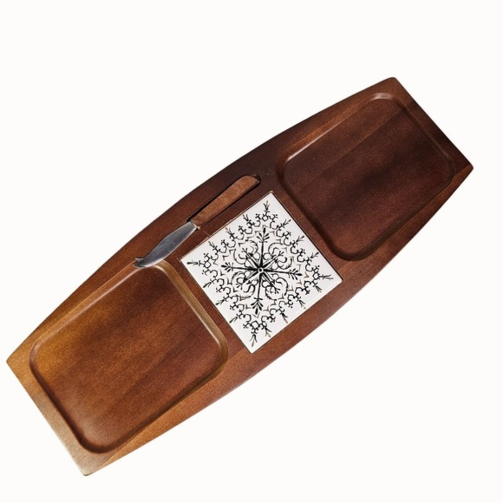 Cheese Board Set With Knife Ceramic Tile MCM Hardwood Japan Mid Century Has Box